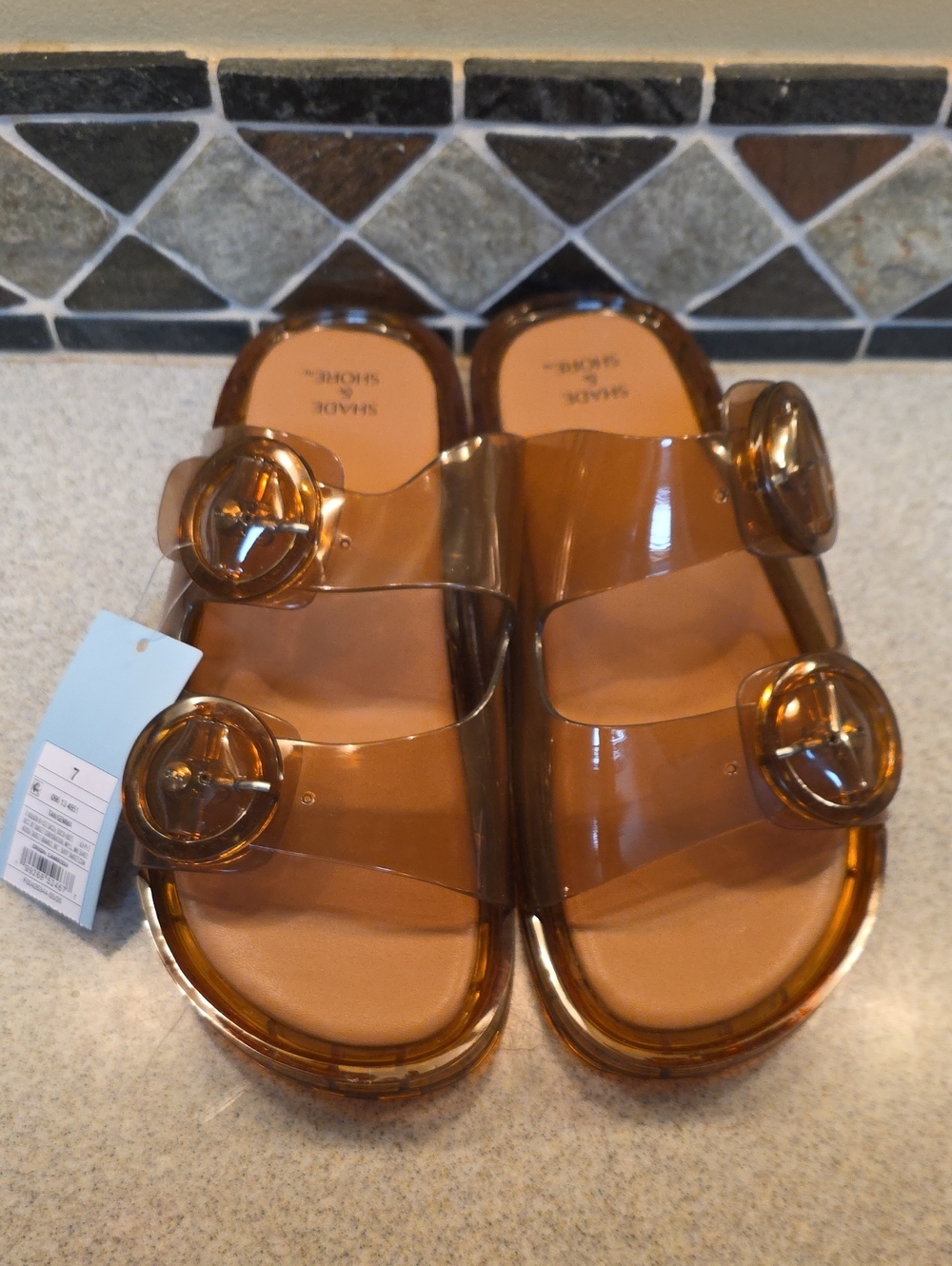 Women's Transparent Brown Slide Sandals with Buckle Accent